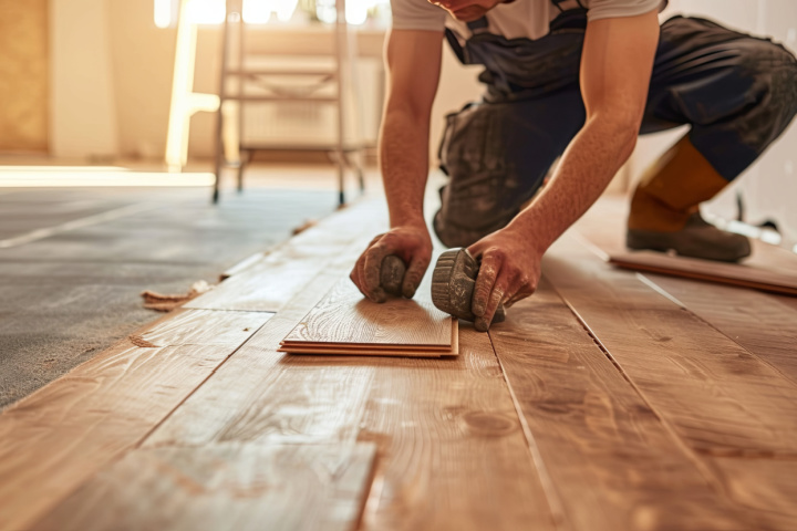 man laying flooring