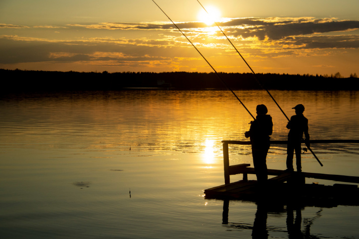 silhouettes of people fishing at a lake